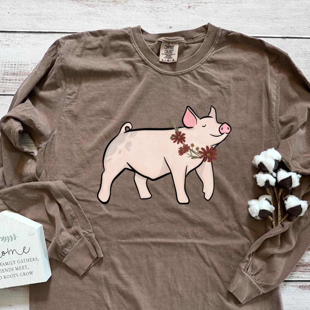 Fall Floral Show Pig | Adult Long Sleeve T-Shirt