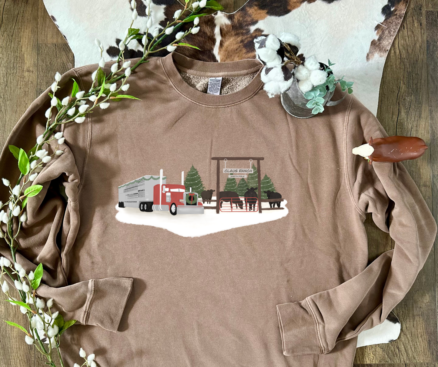 Christmas Bull Hauler | Adult Crew, Coffee Brown (large, XL, 2XL)