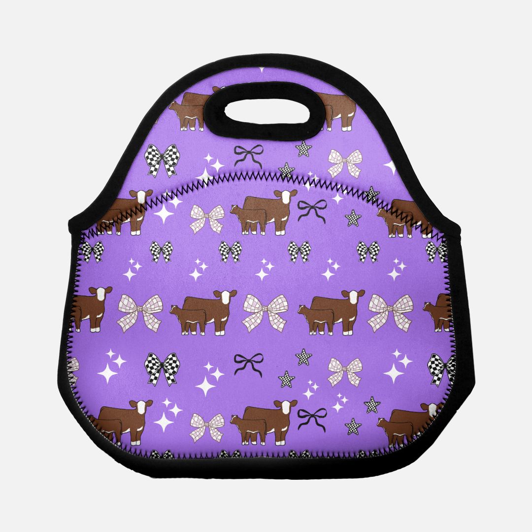 Hereford Cattle & Purple Bows Lunch Tote