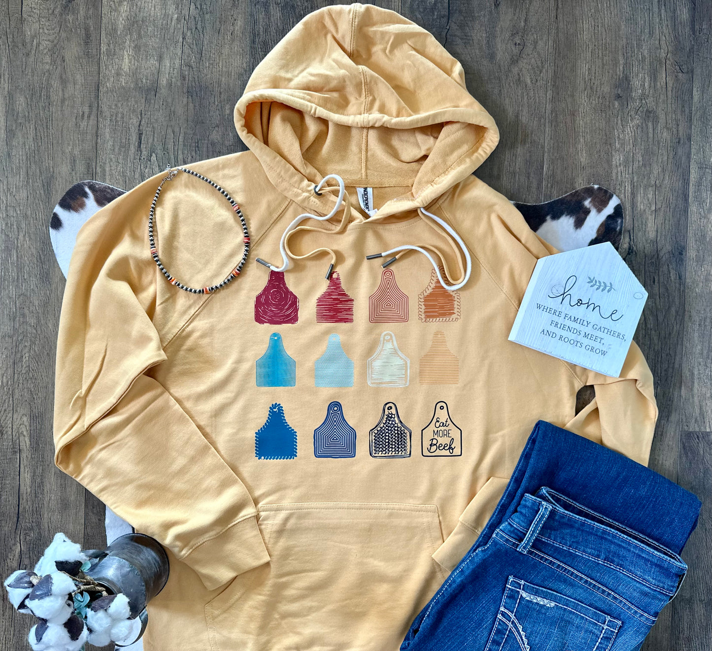 Eat More Beef Ear Tags | Adult Lightweight French Terry Hoodie