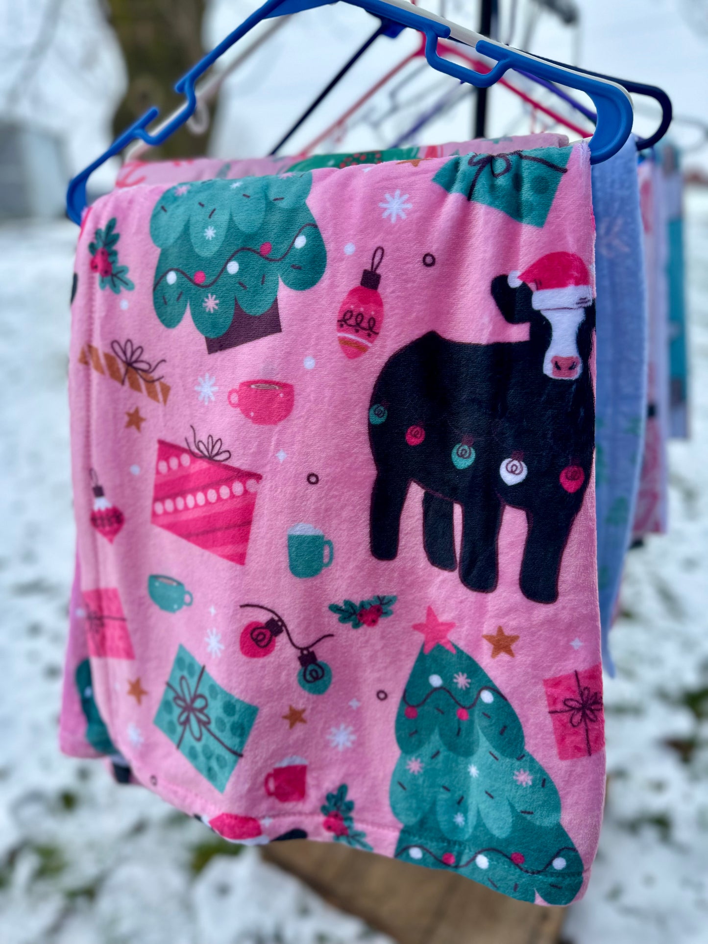 60 x 80 Blanket | It’s a Pink Christmas, Black Baldie - Minky front and back