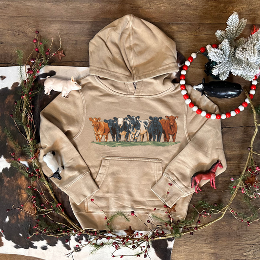 Cattle Round Up | Youth Hoodie, Sandstone Brown