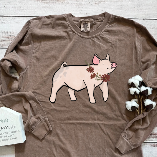Fall Floral Show Pig | Adult Long Sleeve T-Shirt