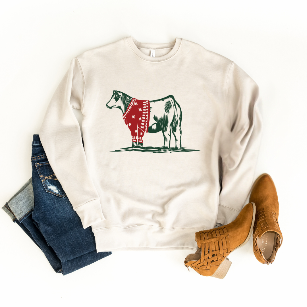 Christmas Cattle Sweater | Adult Crew, cream (medium to 2XL)