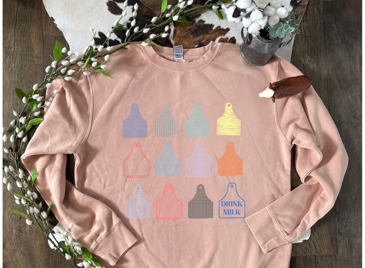 Drink Milk Ear Tags | Adult Crewneck Pullover