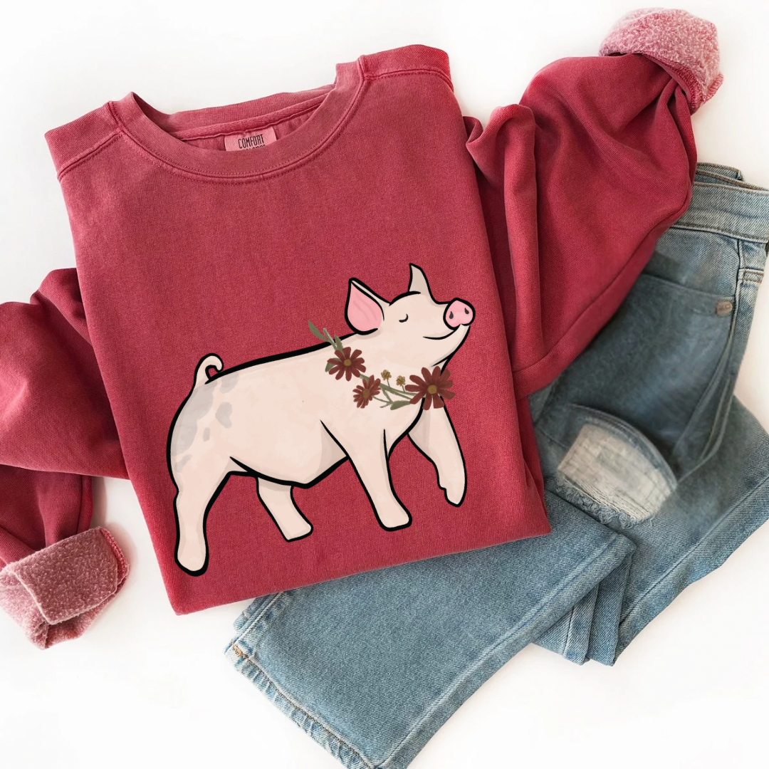Fall Floral Show Pig | Adult Crewneck Pullover