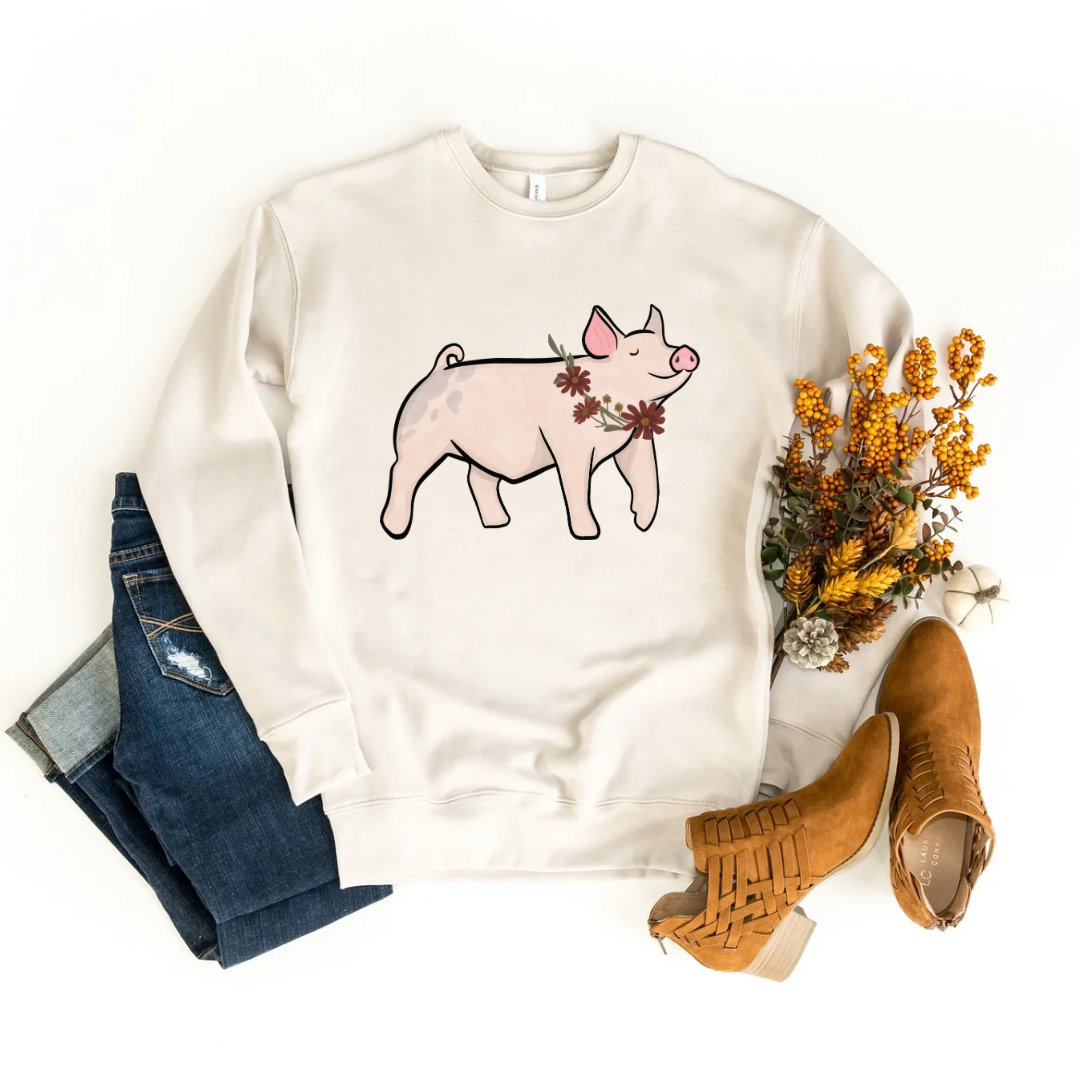 Fall Floral Show Pig | Adult Crewneck Pullover