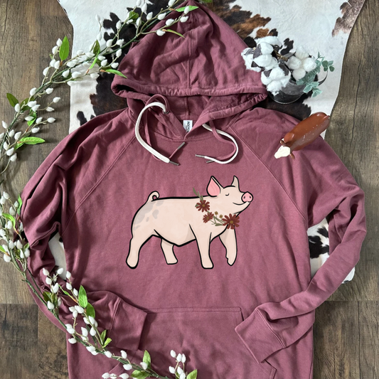 Fall Floral Show Pig | Adult Lightweight French Terry Hoodie