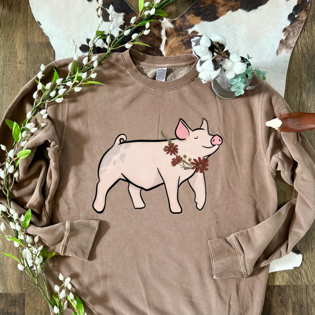 Fall Floral Show Pig | Adult Crewneck Pullover
