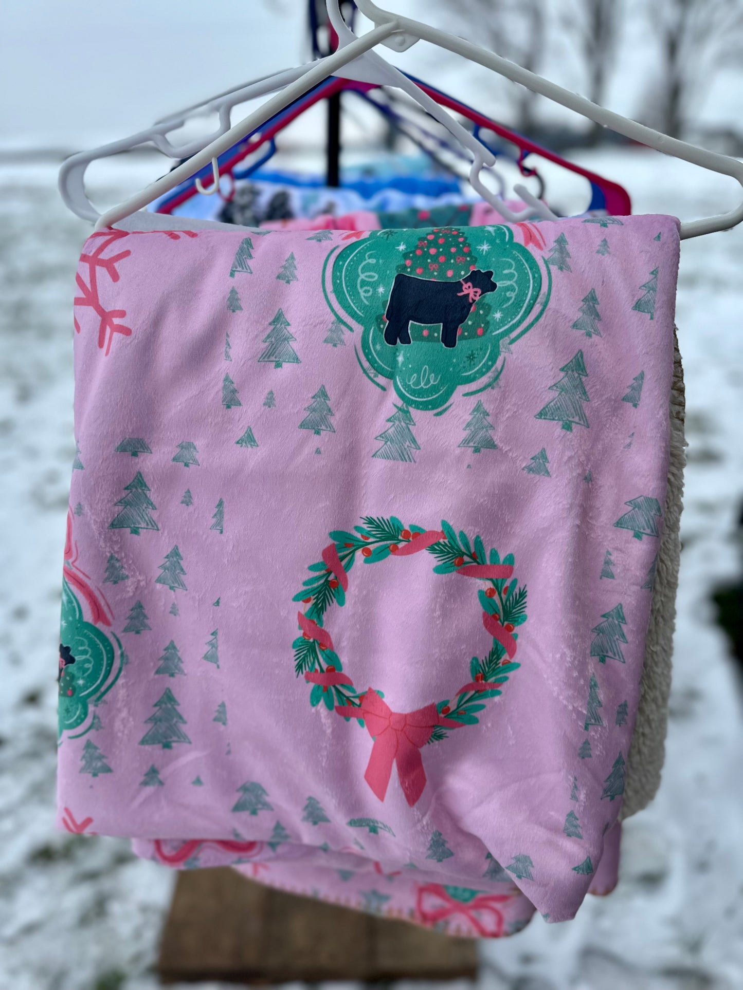 60 x 80 Blanket | Christmas Wrapped Up in a Bow Cattle Bows, Sherpa Backed