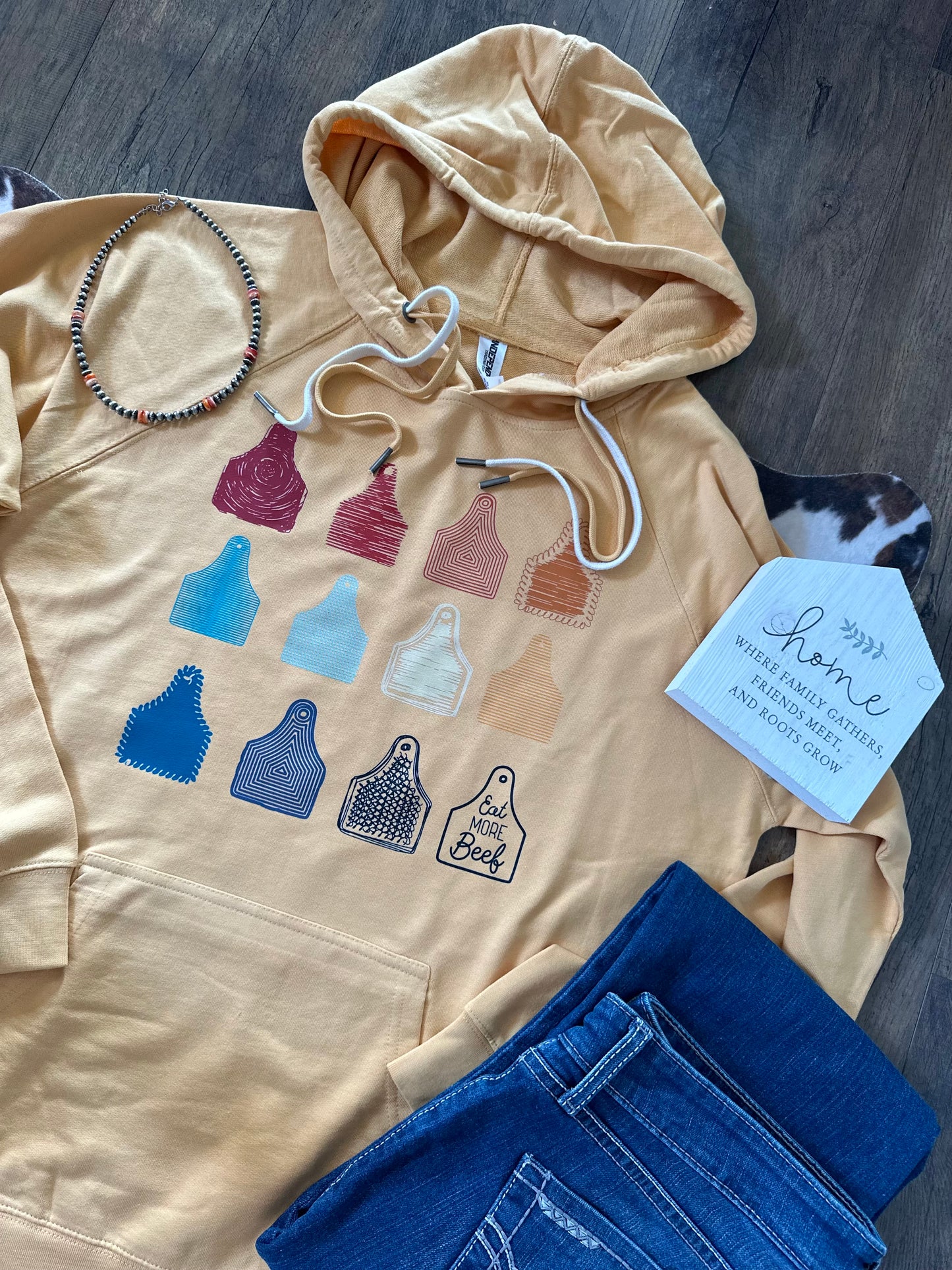 Eat More Beef Ear Tags | Adult Lightweight French Terry Hoodie