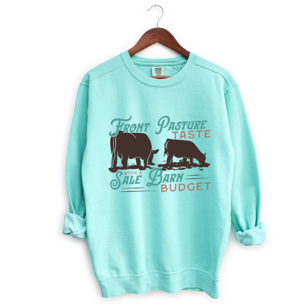 Front Pasture Taste, Sale Barn Budget | Adult Crewneck Pullover