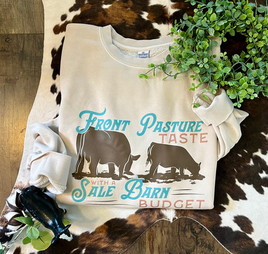 Front Pasture Taste, Sale Barn Budget | Adult Crewneck Pullover